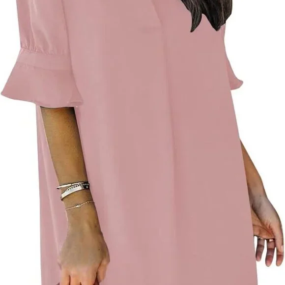 Shift Dress for Women V Neck Short Sleeves Solid Color Casual Flowy Summer Dress - Picture 7 of 7